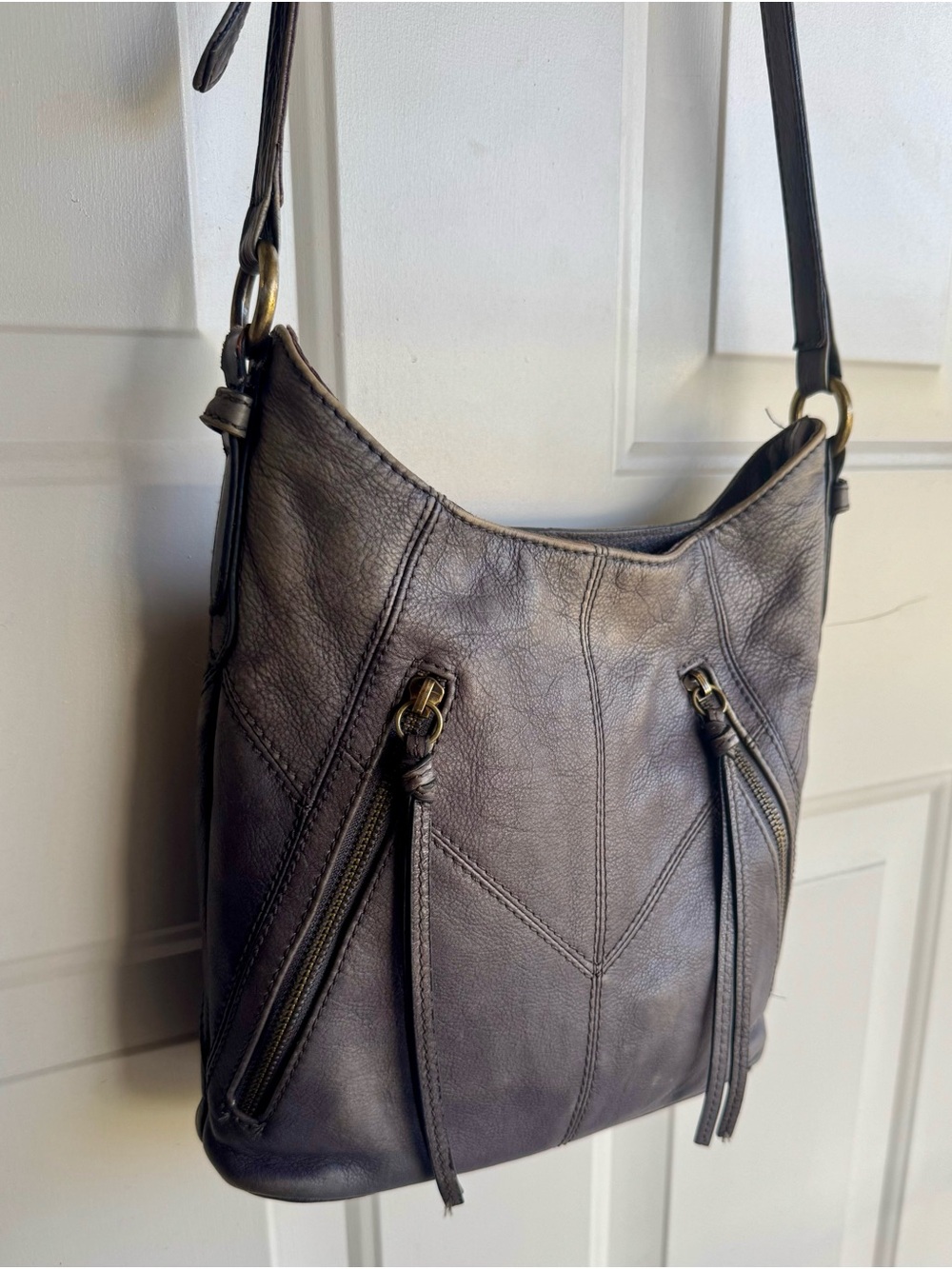 Frye Charcoal Leather Shoulder Bag with Zip Tassels